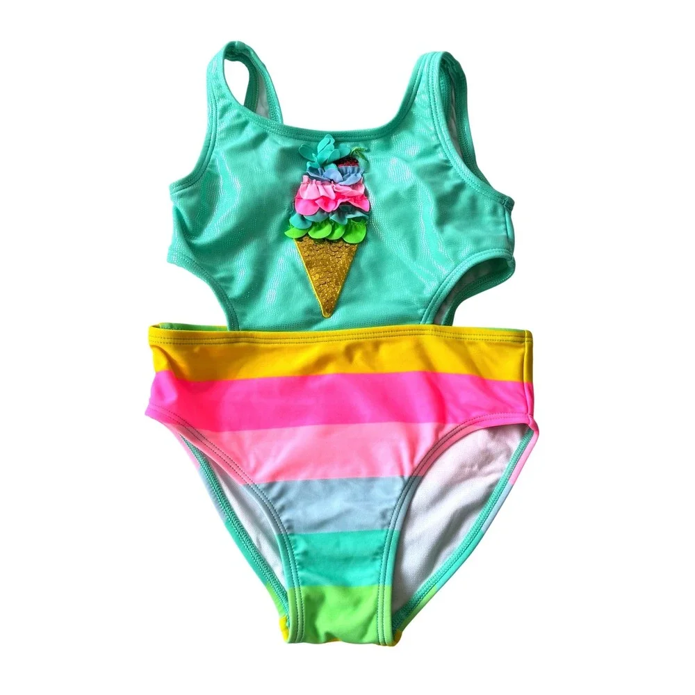 Flapdoodles Girls Swimsuit Size 4 Lot 2 One Piece Icecream‎ Flower Lined EUC